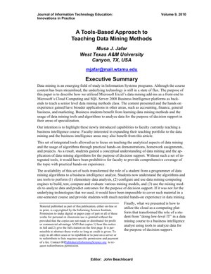 PDF Document Cover - A Tools-Based Approach to Teaching Data Mining Methods in Business Education
